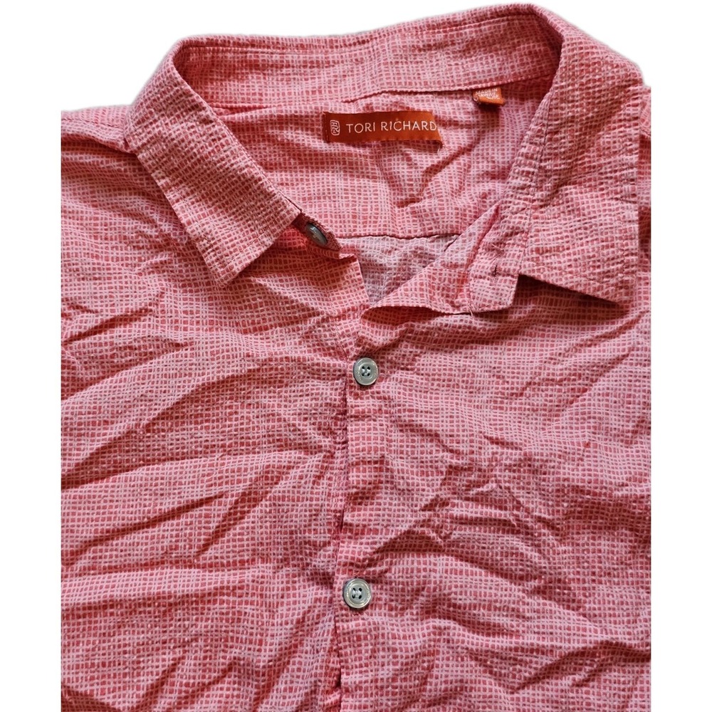 Tori Richard Shirt Mens Medium Pink Coral Check Cotton Pucker Lawn‎ Hawaii Made